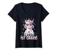 Femme Hello First Grade Mignon Licorne Rose Pastel Premier Jour d'école T-Shirt avec Col en V