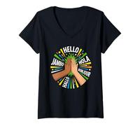 Femme Hello Hola Bonjour Multilingue High Five Unity T-Shirt avec Col en V