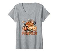 Femme Hello Pumpkin Fall Vibes Citrouilles Imprimé Léopard Halloween T-Shirt avec Col en V
