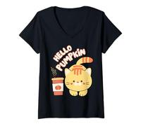 Femme Hello Pumpkin Spice Lait, Halloween, Fall Season, Chat Mignon T-Shirt avec Col en V