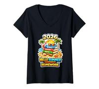 Femme Hello Summer Goodbye Homework 2026 Dernier Jour d'école T-Shirt avec Col en V