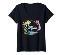 Femme Hello Summer, vacances rétro avec un palmier hawaïen et coucher de soleil sur l'océan T-Shirt avec Col en V
