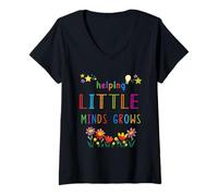 Femme Helping Little Minds Grow Flower Elementary School Teacher T-Shirt avec Col en V