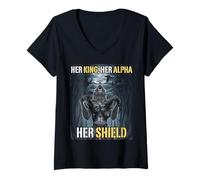Femme Her King Her Alpha Her Shield Funny Alpha Wolf Meme T-Shirt avec Col en V