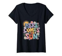 Femme Here Comes Sun Retro Flower Spring Happy Summer T-Shirt avec Col en V