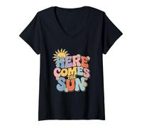 Femme Here Comes The Sun Retro Flower Spring Happy Summer T-Shirt avec Col en V