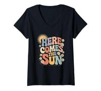 Femme Here Comes The Sun Retro Flower Spring Happy Summer T-Shirt avec Col en V