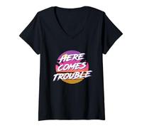 Femme Here Comes Trouble années 80 Style décontracté coloré T-Shirt avec Col en V