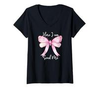 Femme Here I Am Send Me Women Lord Send Me Christian Pink Bow Blue T-Shirt avec Col en V