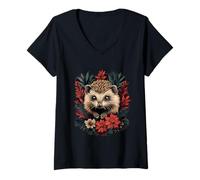 Femme Hérisson - Animal de la forêt - Fleur sauvage T-Shirt avec Col en V