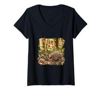 Femme Hérisson forêt Faune Feuilles d'automne Scène boisée T-Shirt avec Col en V