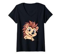 Femme Hérisson Joyeux Qui Regarde - Style Dessin animé Mignon T-Shirt avec Col en V