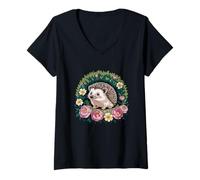 Femme Hérisson mignon entouré de fleurs de jardin faune T-Shirt avec Col en V