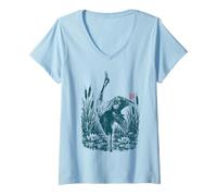 Femme Héron Cendré Héron Roseaux Nénuphars Oiseau de Rivière T-Shirt avec Col en V
