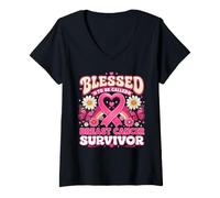 Femme Heureuse d'être appelée Papillon Rose, survivante du Cancer du Sein T-Shirt avec Col en V