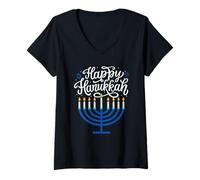 Femme Heureuse Hanoukka Menorah Juive Famille Femmes Hommes Enfants Hanoucca T-Shirt avec Col en V