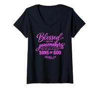 Femme Heureux Les Artisans de Paix Matthieu 5:9 Écriture Bible Prière T-Shirt avec Col en V