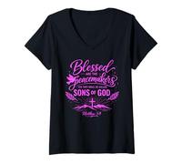 Femme Heureux Les Artisans de Paix Matthieu 5:9 Écriture Bible Prière T-Shirt avec Col en V