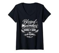Femme Heureux Les Artisans de Paix Matthieu 5:9 Écriture Bible Prière T-Shirt avec Col en V