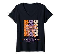 Femme Hey Boo Fantôme d'halloween Mignon T-Shirt avec Col en V