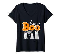Femme Hey Boo Fantôme Halloween T-Shirt avec Col en V