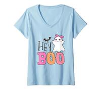 Femme Hey Boo Ghost Cute Halloween Texte Style T-Shirt avec Col en V