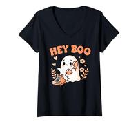 Femme Hey Boo Ghost Girl Calling Phone Halloween Spooky Boo JEE T-Shirt avec Col en V