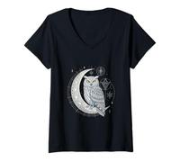 Femme Hibou céleste Art géométrique Phases de Lune et Symbole Cosmique T-Shirt avec Col en V