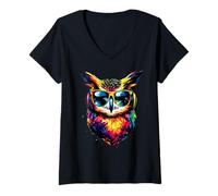 Femme Hibou Coloré Couleurs Arc-en-Ciel Pop Art Grand-duc Hiboux T-Shirt avec Col en V
