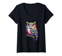 Femme Hibou Coloré Hibou Oiseau Nature Artistique Créatif T-Shirt avec Col en V
