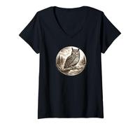 Femme Hibou Cornu, Clair de Lune, forêt, Gravure Sauvage, Illustration T-Shirt avec Col en V