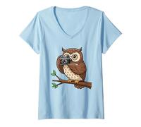 Femme Hibou de Dessin animé Tenant l'appareil Photo thème Animal T-Shirt avec Col en V
