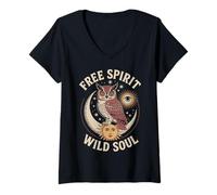Femme Hibou lune soleil étoiles nature mystique magie bohème vibes T-Shirt avec Col en V