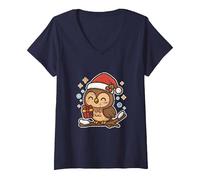 Femme Hibou Mignon sur Branche avec Bonnet de Père Noël T-Shirt avec Col en V, Bleu Marine, S