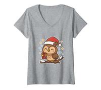 Femme Hibou Mignon sur Branche avec Bonnet de Père Noël T-Shirt avec Col en V, Gris Chiné, S