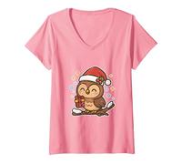 Femme Hibou Mignon sur Branche avec Bonnet de Père Noël T-Shirt avec Col en V, Rose, M