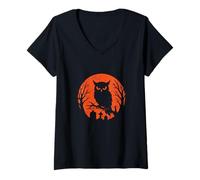 Femme Hibou sur Branche Halloween Lune T-Shirt avec Col en V