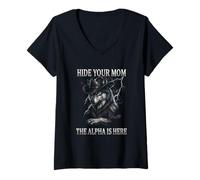 Femme Hide Your Mom The Alpha is Here Wolf Male Werwolf Meme T-Shirt avec Col en V