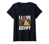 Femme Hiéroglyphes en forme de cœur I Love Egypt Pyramids T-Shirt avec Col en V