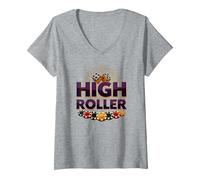 Femme High Roller Gambling Casino Dés & Chips Graphiques T-Shirt avec Col en V, Gris Chiné, L