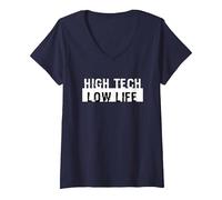 Femme High Tech Low Life Cool Cyberpunk Dystopian Futuriste SciFi T-Shirt avec Col en V, Bleu Marine, S