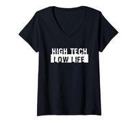 Femme High Tech Low Life Cool Cyberpunk Dystopian Futuriste SciFi T-Shirt avec Col en V, Noir, S