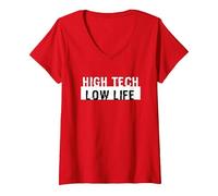 Femme High Tech Low Life Cool Cyberpunk Dystopian Futuriste SciFi T-Shirt avec Col en V, Rouge, M