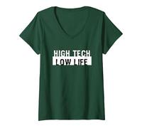 Femme High Tech Low Life Cool Cyberpunk Dystopian Futuriste SciFi T-Shirt avec Col en V, Vert Forêt, L