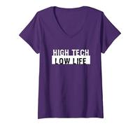 Femme High Tech Low Life Cool Cyberpunk Dystopian Futuriste SciFi T-Shirt avec Col en V, Violet, S