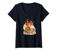 Femme Highland Cow Christmas Coffee Cocoa Sled Cute Watercolor T-Shirt avec Col en V