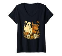Femme Highland Cow Ghost - Spooky Cute Retro Halloween Floral T-Shirt avec Col en V