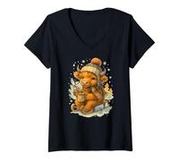 Femme Highland Cow Winter Watercolor on Sled with Hot Cocoa T-Shirt avec Col en V