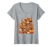 Femme Highland Vache et Veau d'automne Motif Citrouille T-Shirt avec Col en V
