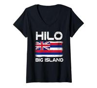 Femme Hilo Big Island Drapeau Hawaï Design Hilo Drapeau hawaïen T-Shirt avec Col en V